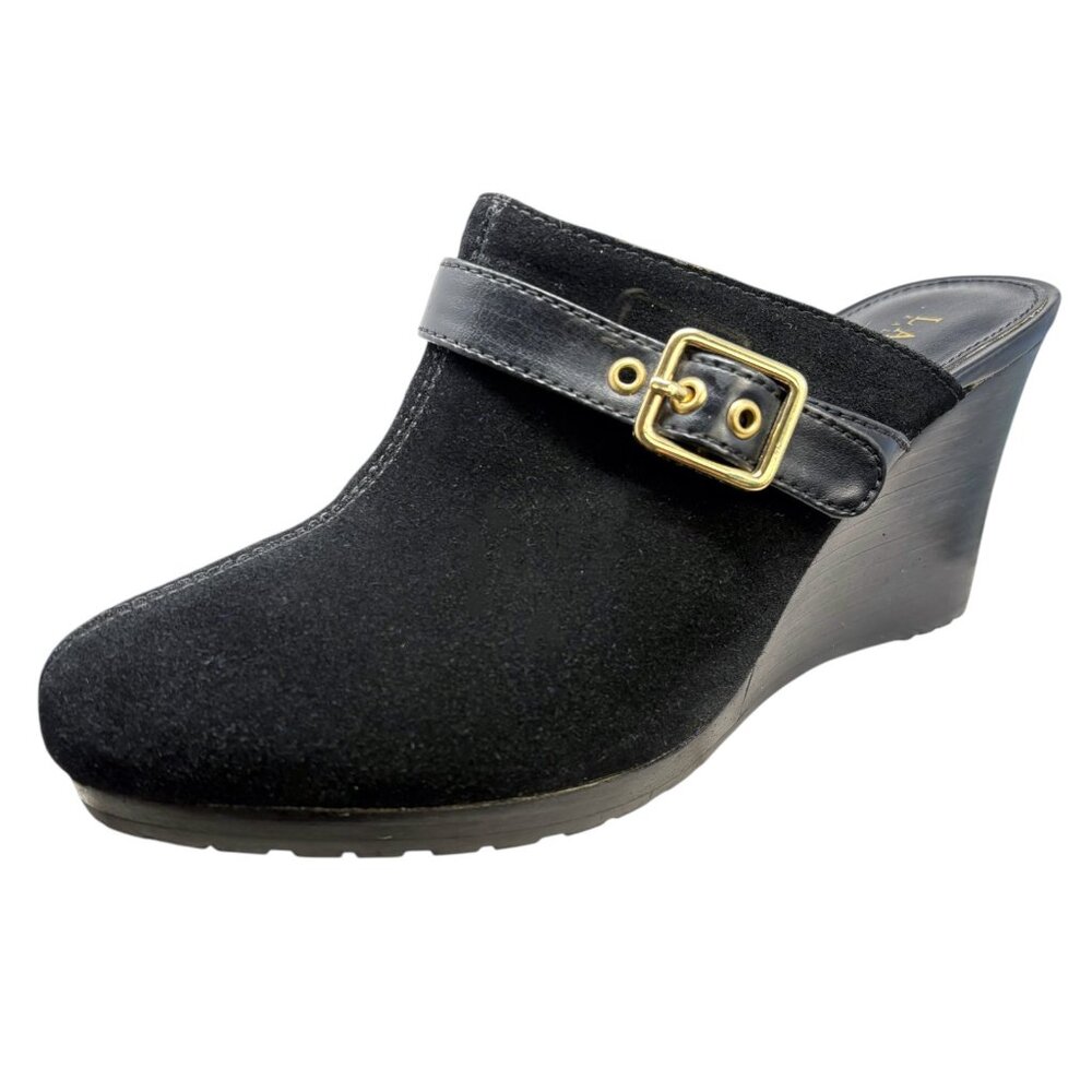 Lauren Ralph Lauren Yassinia Black Suede Buckle Accent Wedge Mules